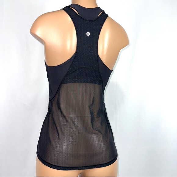 Lululemon Women’s Sz 8 Body Con Tank Top W/ Shelf Bra Black Activewear Mesh Back - Picture 5 of 15